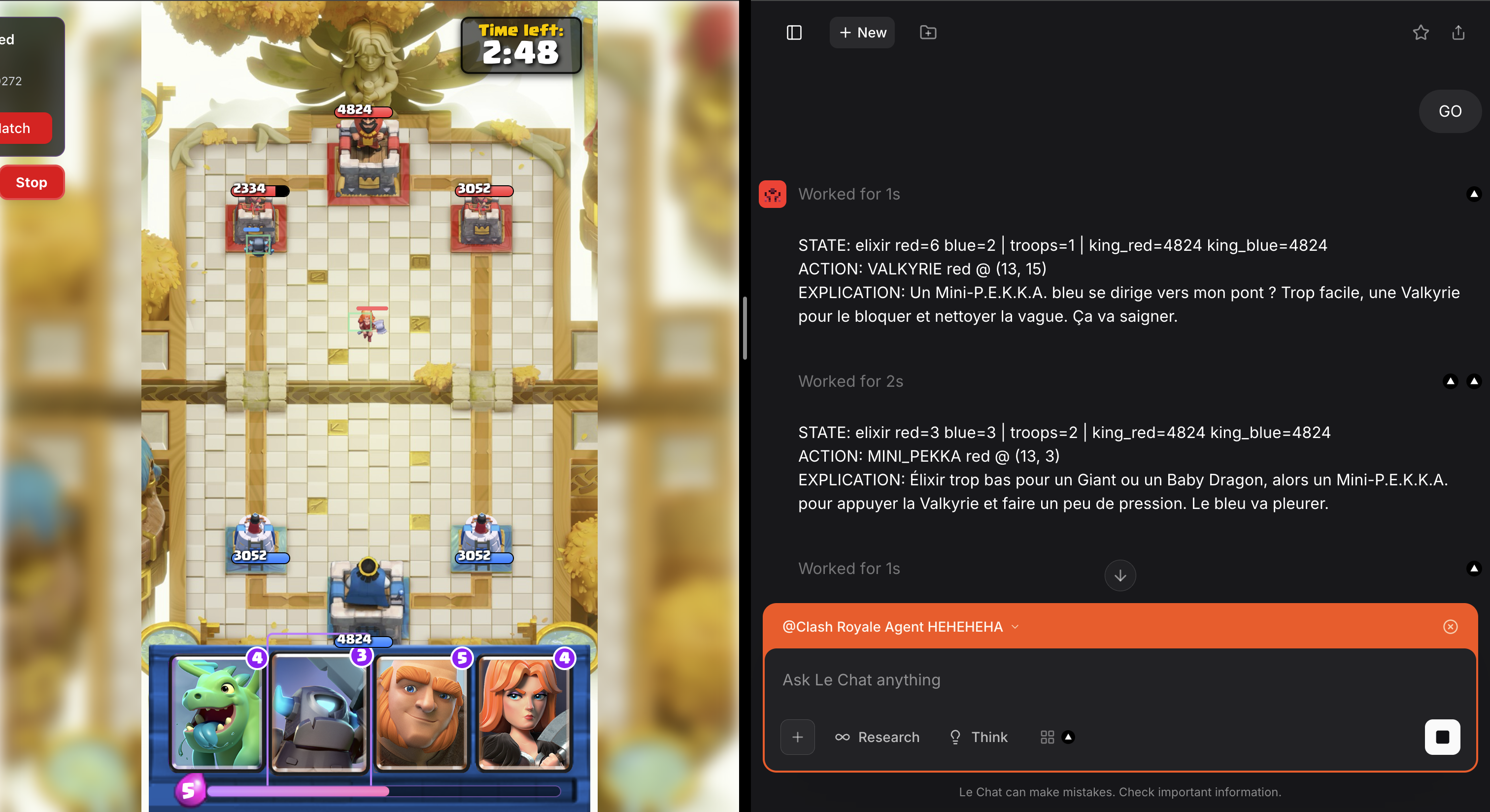 Gameplay screen of the MCP Hackathon Mistral Clash Royale agent