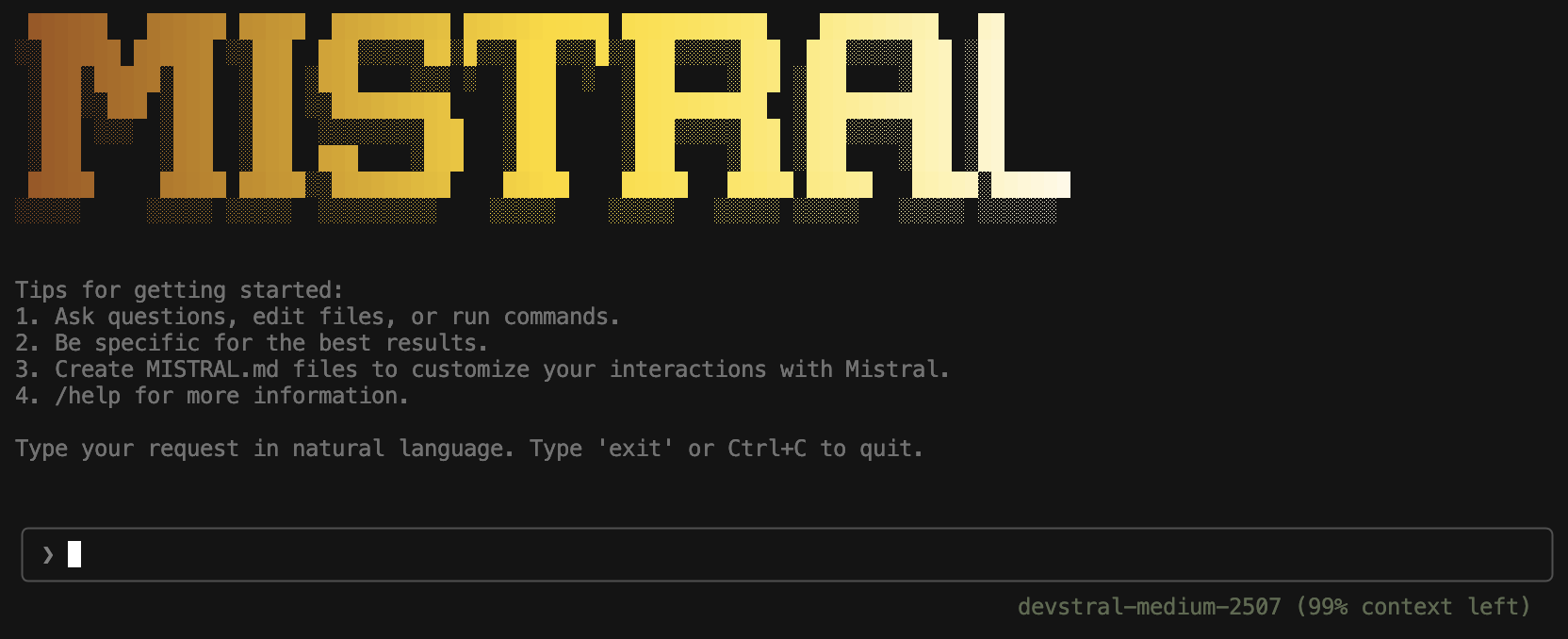Screenshot of the Mistral CLI interface in a terminal window
